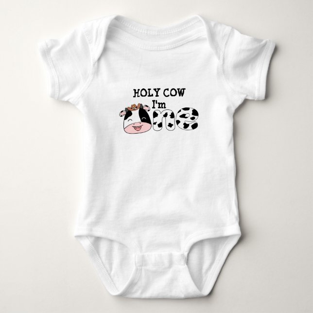 Holy cow I'm 1 Pink Cow 1st birthday cute Baby Bodysuit (Front)