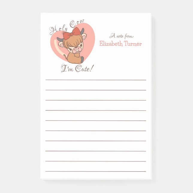 Holy Cow I'm Cute, Cow on Heart, Kids Personalised Post-it Notes (Front)