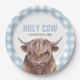 Holy Cow I'm One blue Plaid birthday Paper Plates