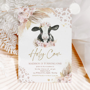 Holy Cow I'm One Boho Pampas Grass Cow Birthday Invitation