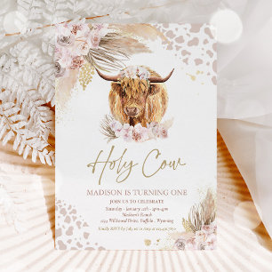 Holy Cow I'm One Boho Pampas Highland Cow Birthday Invitation