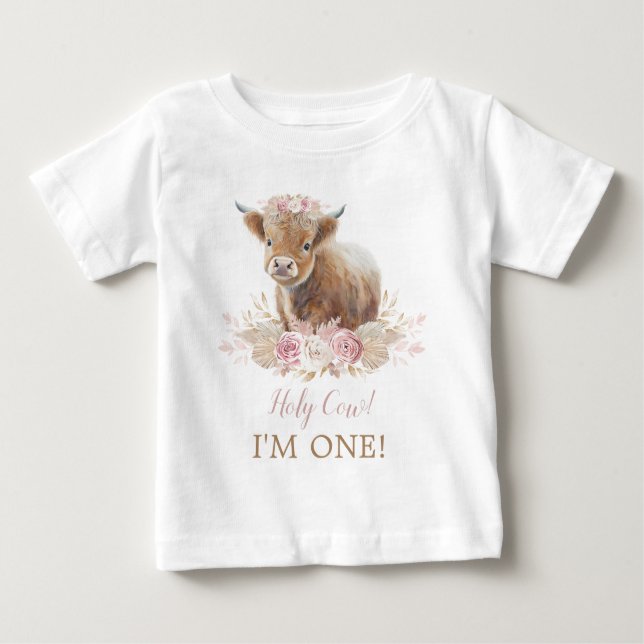 Holy Cow I'm One Boho Pink Floral 1st Birthday Baby T-Shirt (Front)