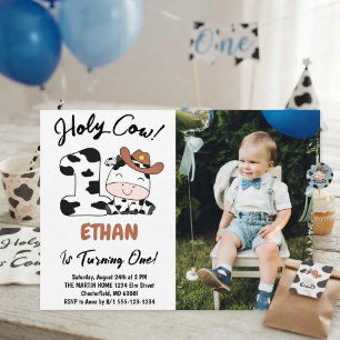 Holy Cow I'm One Boy 1st Birthday Photo Invitation