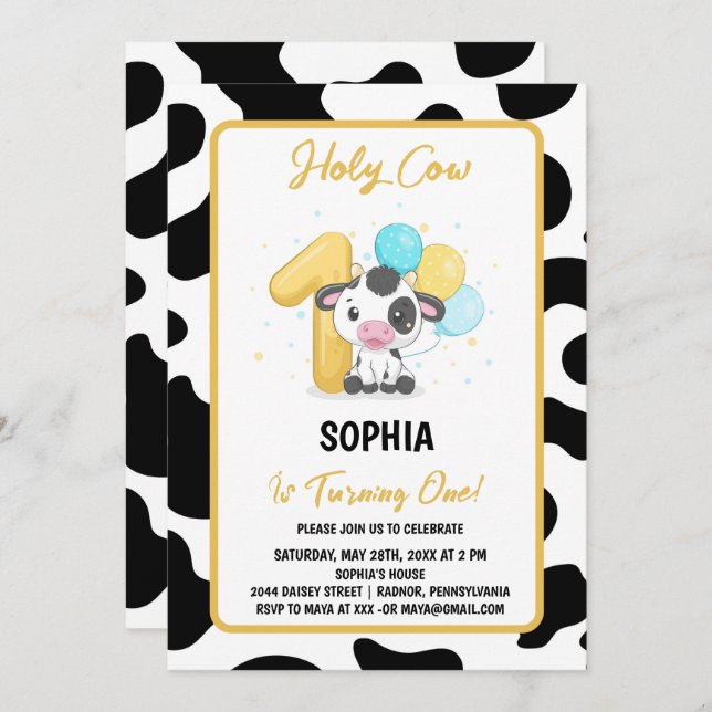 Holy Cow I'm One Cow 1st Birthday Invitation (Front/Back)
