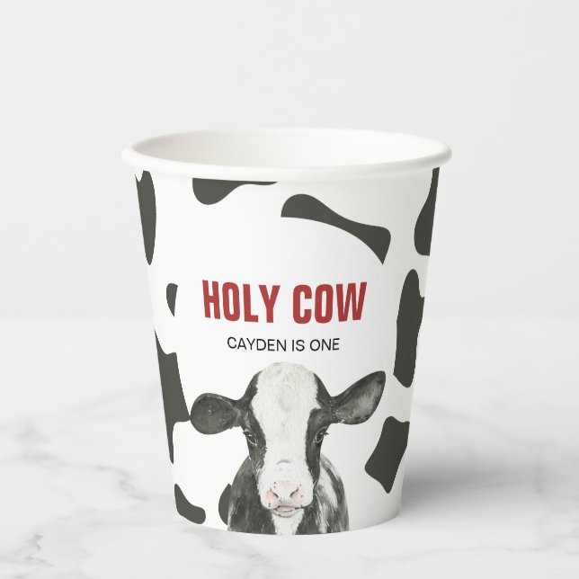 Holy Cow I'm One Cow Print birthday Paper Cups (Front)