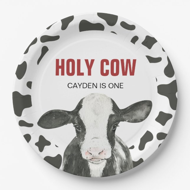 Holy Cow I'm One Cow Print birthday Paper Plate (Front)