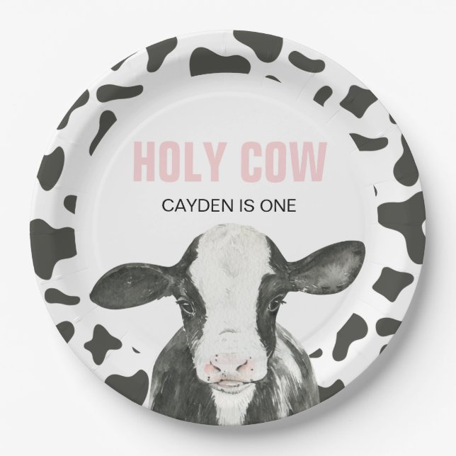 Holy Cow I'm One Cow Print birthday Paper Plates (Front)