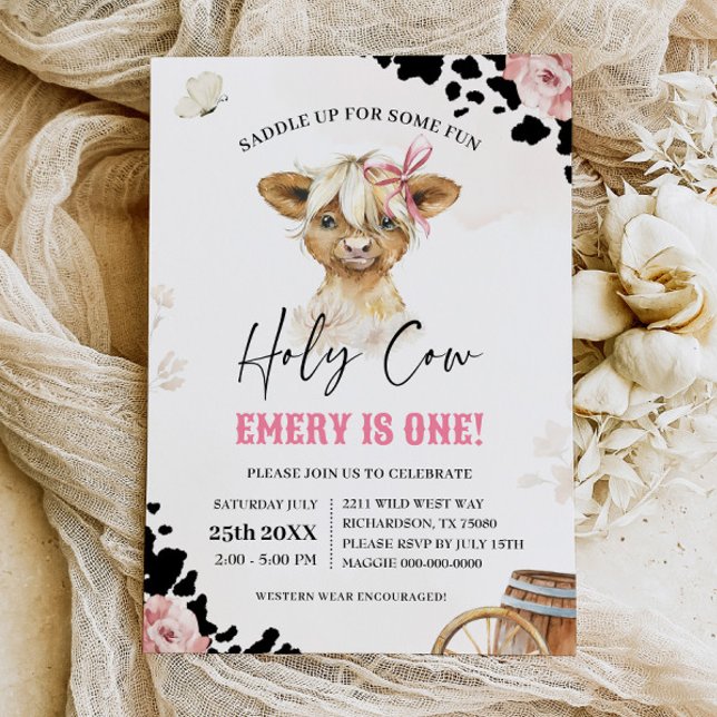 Holy Cow I'm One Cowboy Highland Cow Birthday Invitation (Creator Uploaded)