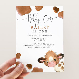 Holy Cow I'm ONE Cute Brown Cow Birthday Invitation