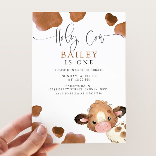 Holy Cow I'm ONE Cute Brown Cow Birthday Invitation (Creator Uploaded)