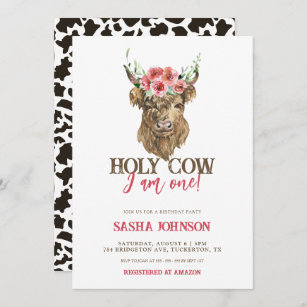 Holy Cow I'm One Floral Girl Birthday Invitation