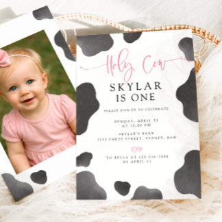 Holy Cow I'm One Girl Pink 1st Birthday Party Invitation