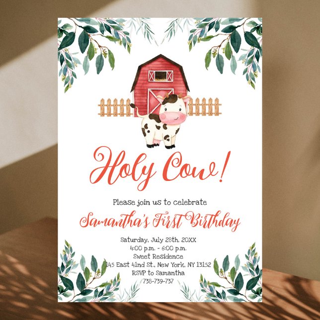 Holy Cow I'm One Greenery Birthday Party Invitation (Creator Uploaded)