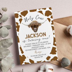 Holy Cow I'm One Highland Cow 1st Birthday Invitation