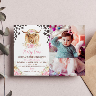Holy Cow I'm One Highland Cow Girl 1st Birthday Invitation