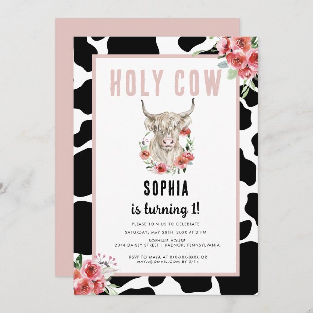Holy Cow I'm One Pink Birthday  Invitation (Front/Back)