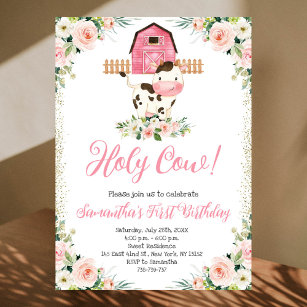 Holy Cow I'm One Pink Floral Birthday Party Invitation