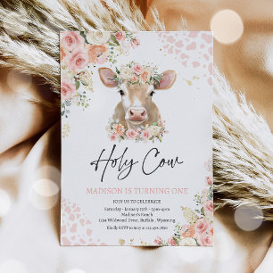 Holy Cow I'm One Pink Floral Farm Birthday Party Invitation