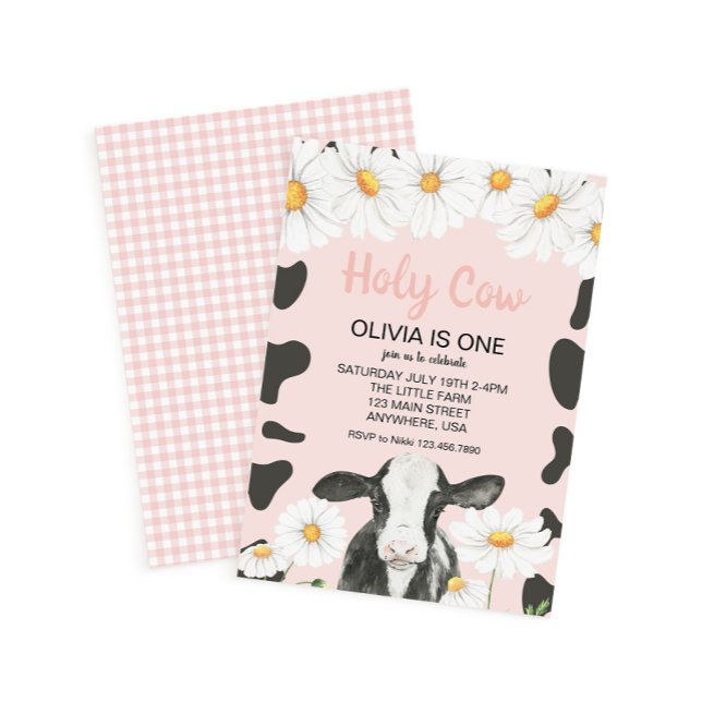 Holy Cow I'm One Pink Gingham Daisy Birthday Invit Invitation (Creator Uploaded)