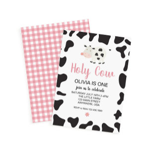 Holy Cow I'm One Pink Gingham Daisy Birthday Invitation