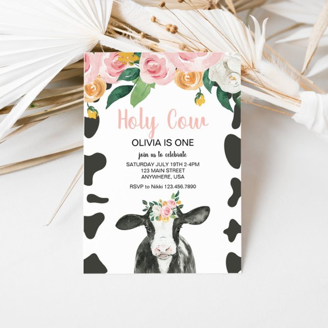 Holy Cow I'm One Pink Gingham floral Birthday Invi Invitation (Creator Uploaded)