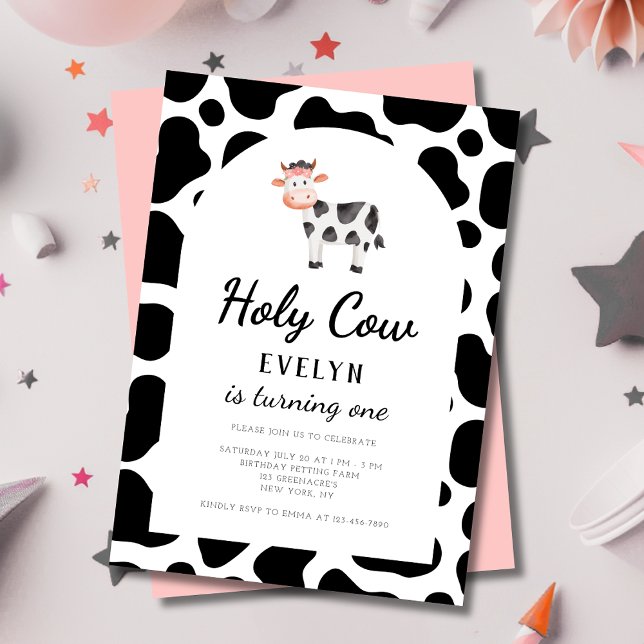 Holy Cow I'm One Pink Girls 1st Birthday Invitation (Creator Uploaded)