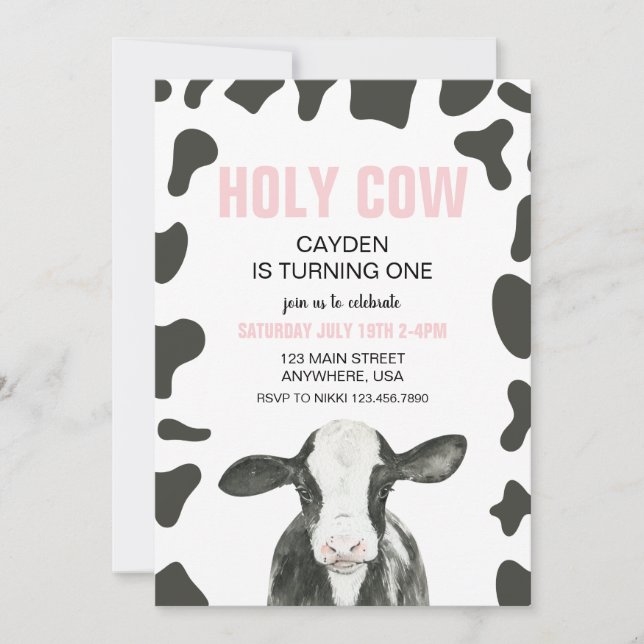 Holy Cow I'm One Pink Plaid Birthday Invitation (Front)