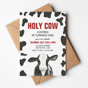 Holy Cow I'm One Red Plaid Birthday Invitation