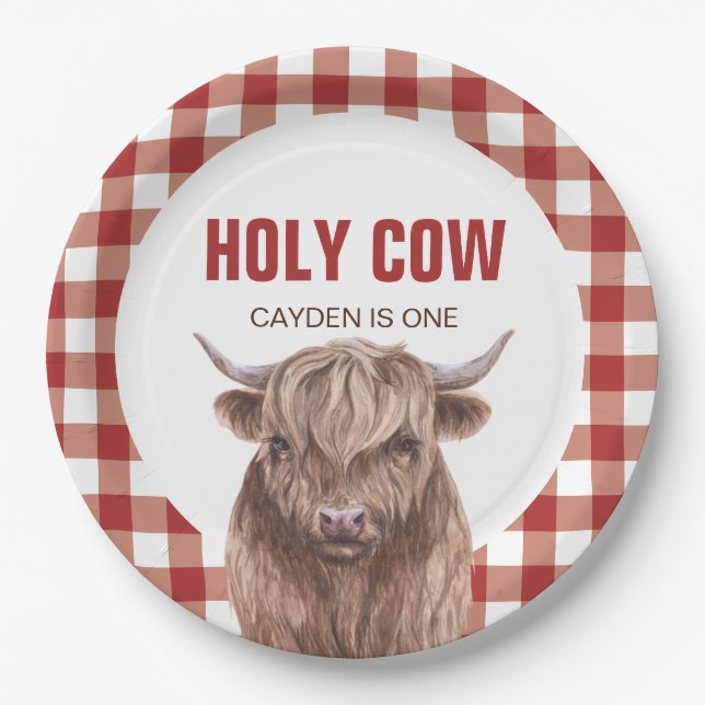 Holy Cow I'm One Red Plaid birthday Paper Plates (Front)