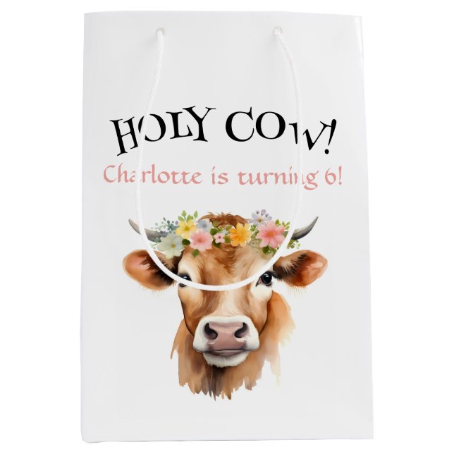 Holy Cow Jersey Cow Floral Girl's Birthday Medium Gift Bag (Front)