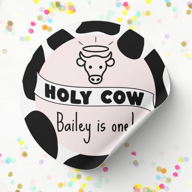 Holy Cow Kid Birthday Party Cow Print Cute Modern  Classic Round Sticker (Holy Cow birthday sticker custom name and age cow print pink cute modern bday favor stickers)