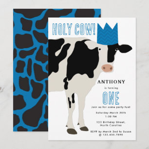 Holy Cow Kids Birthday Cow Party Blue Boy Invitation