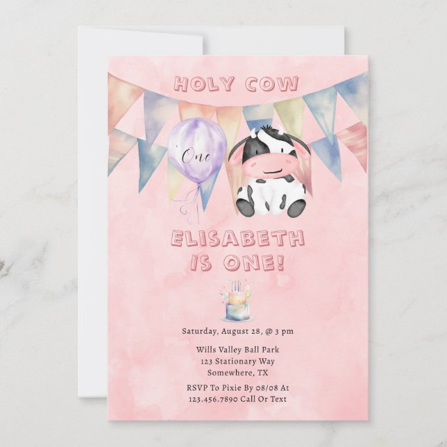 Holy Cow Name Girl 1st. Birthday Party Invitation (Front)