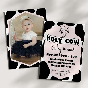 Holy Cow Photo Kid Cow Print Cute Modern Birthday  Invitation