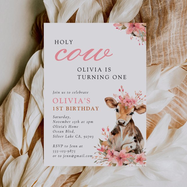 Holy Cow Pink 1st Birthday Party Invitation (Creator Uploaded)