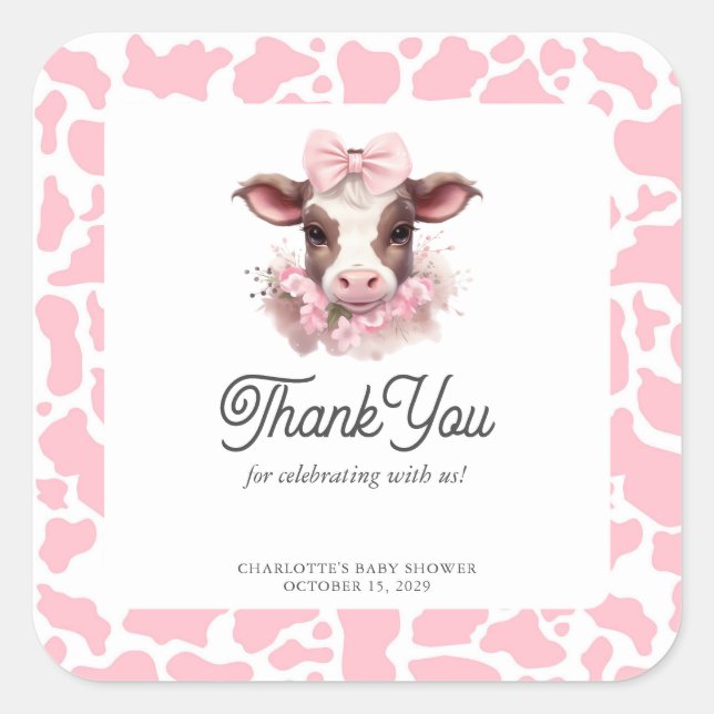 Holy Cow Pink Boho Baby Shower Thank You Sticker  (Front)