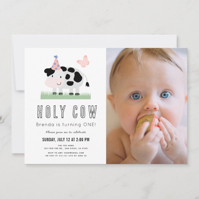 Holy Cow Pink Butterfly Girl 1st Birthday Photo Invitation (Front)