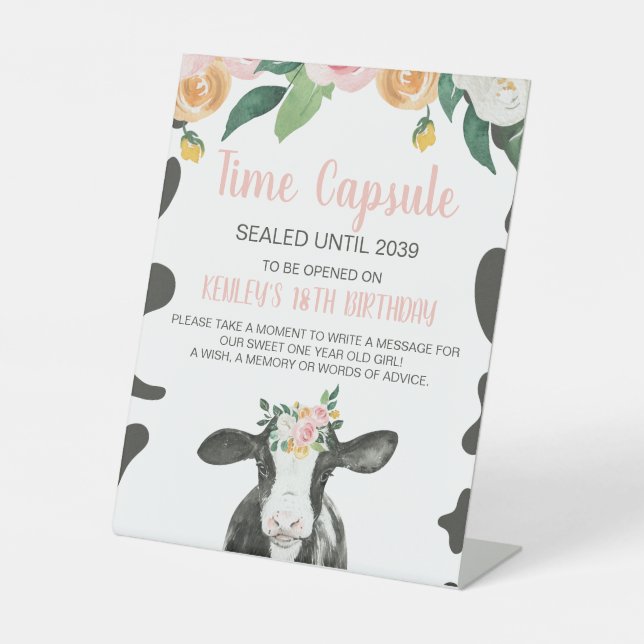 Holy Cow Pink Floral 1st Birthday Time Capsule Ped Pedestal Sign (Front)