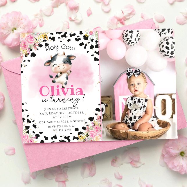 Holy Cow Pink Floral Girl 1st Birthday Invitation (Creator Uploaded)