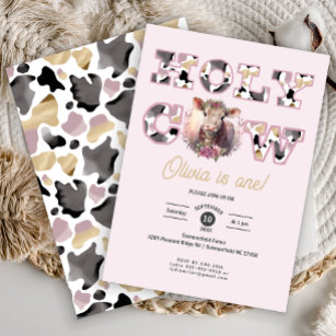 Holy Cow Turning One Pink Floral Birthday Party Invitation