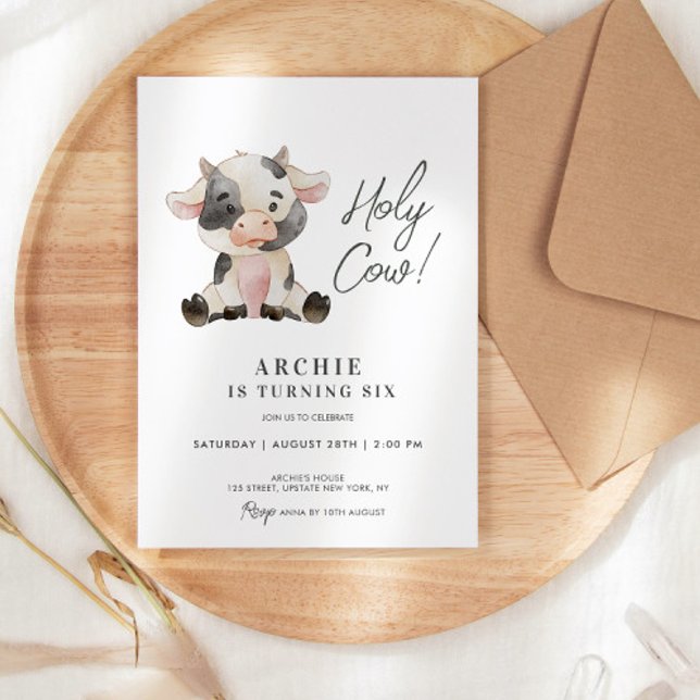 Holy Cow Watercolor Illustration Birthday Party Invitation (Holy Cow Birthday party invitation template digital or printed, farm cowboy invite party )