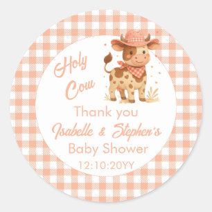 Holy Cow We're Having A Baby Peach Plaid Thank You Classic Round Sticker