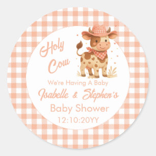 Holy Cow We're Having A Baby Rustic Peach Plaid  Classic Round Sticker