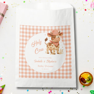 Holy Cow We're Having A Baby Rustic Peach Plaid  Favour Bags