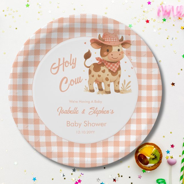 Holy Cow We're Having A Baby Rustic Peach Plaid  Paper Plate (Creator Uploaded)