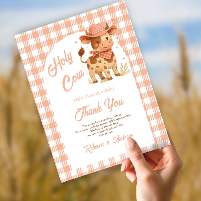 Holy Cow We're Having a Baby Rustic Peach Plaid  Thank You Card (Creator Uploaded)