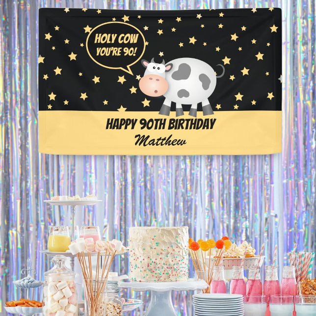 Holy Cow You're 90 Funny Cute Happy 90th Birthday Banner (Creator Uploaded)