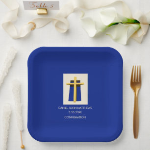 Holy Cross and Bold Blue Religious Confirmation  Paper Plate