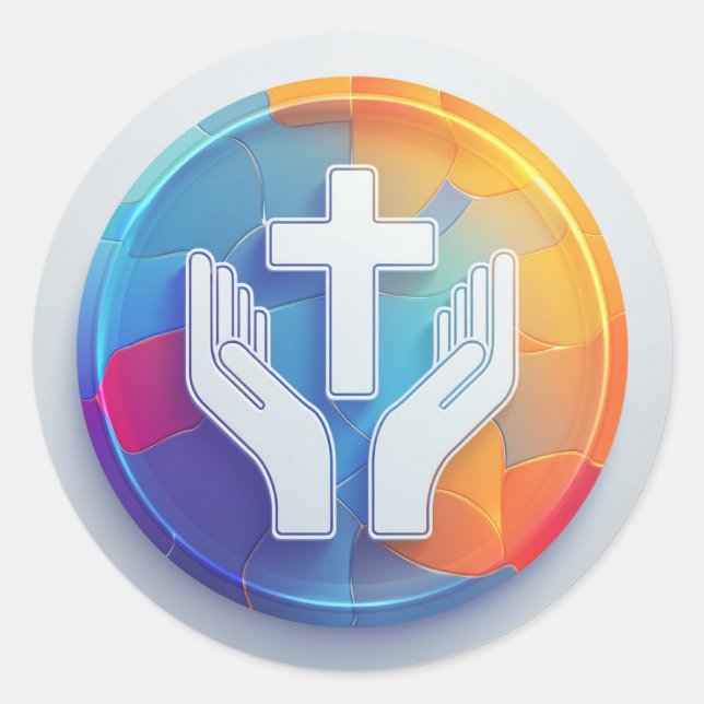 Holy Cross and Prayer Hands Classic Round Sticker (Front)