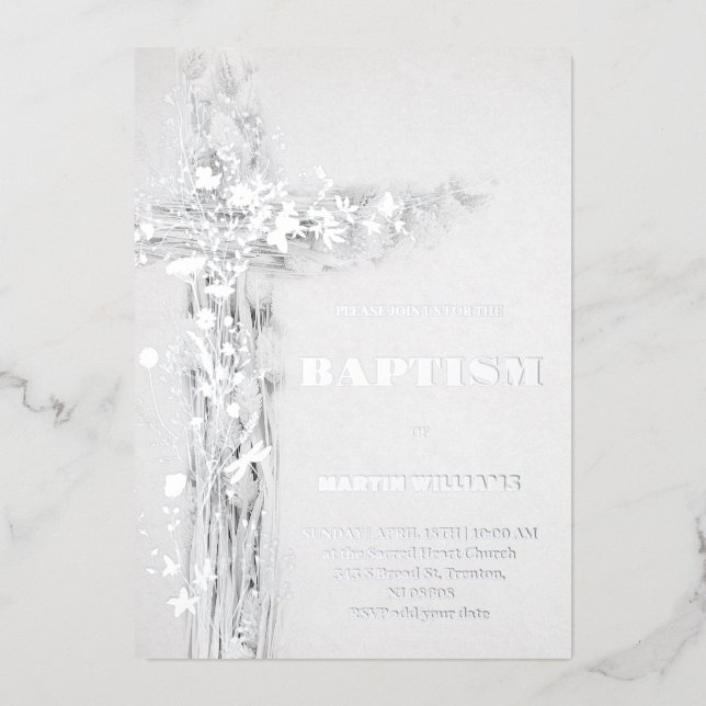Holy cross Baptism silver foil Invitation (Front)